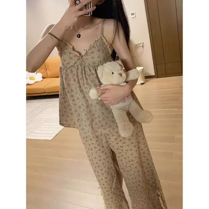 Nuisette florale à manches longues pour femmes, olympiques de surintendant, pyjamas d'été, vêtements de maison, chemise de nuit, pantalon Y +, 2 pièces