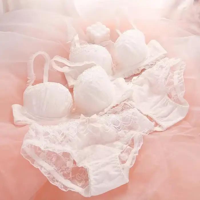 Lolita lingerie slips ensemble femme mignon douce loli japonais hochet femme de chambre plaid anneau en acier soutien-gorge culotte costume grande taille froncé