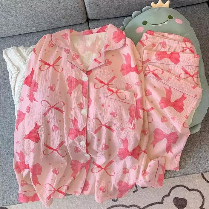 Ensemble pyjama pour Femme, vêtements de nuit imprimés avec nœud, hauts boutonnés, Long, costume 2 pièces, vêtements de nuit pour l'hiver