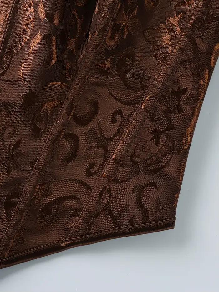 Corset bustier sans bretelles en jacquard baroque marron pour femme, avec baleines en acier et dos lacé, idéal pour les tenues vintage et gothiques