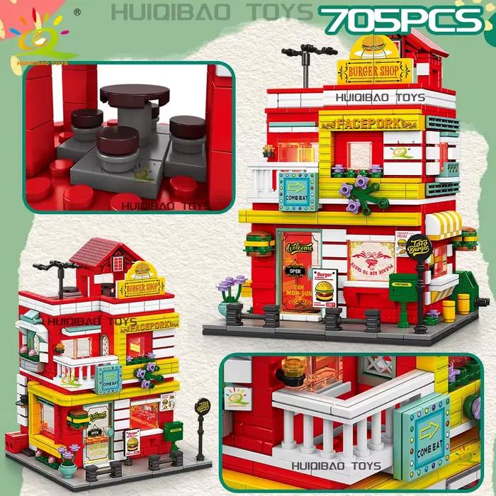 HUIQIBAO City Street View supermarché café Burger Shop hôtel modèle blocs de construction bricolage Architecture briques jouets cadeau adulte