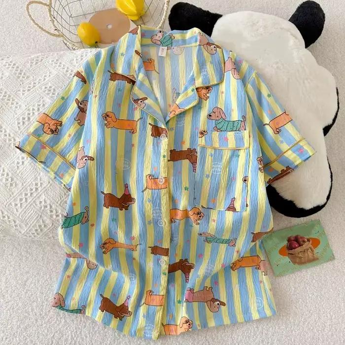 Pyjama Kawaii à rayures étoiles pour femmes imprimé chien col rabattu short polyester mode Y2K nouveau été doux mignon vêtements de maison occasions spéciales