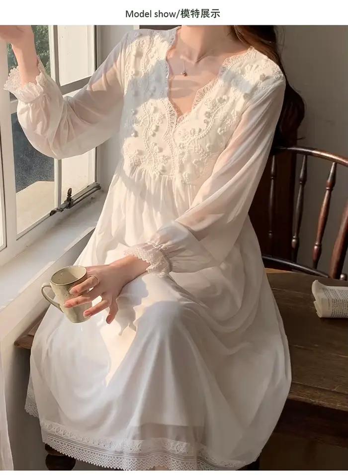 Princesse douce chemises de nuit femmes ample col en V à manches longues chemise