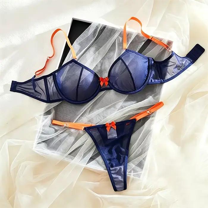 Ensemble de lingerie féminine bleu marine à armatures et string orange à nœud pour femmes, lingerie sexy et contrastée, quotidienne et romantique