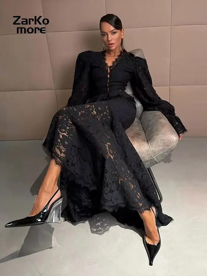 Ensemble 2 pièces jupe et chemise en dentelle pour femme, haut court à manches longues bouffantes et col en V, jupe longue sirène, tenue de soirée élégante, nouveauté 2026