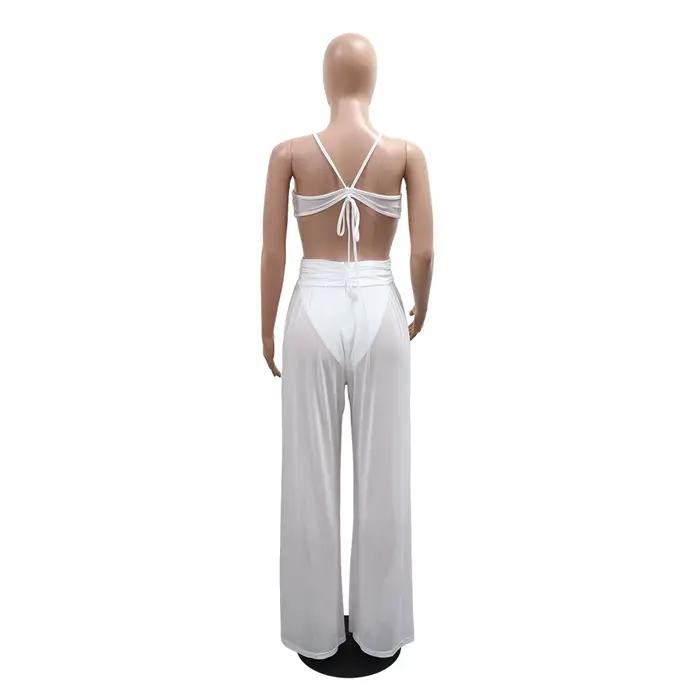 Été 2025 femmes Sexy col en v découpe fronde Cami combinaison couleur unie dos nu voir à travers une pièce pantalons longs fête Club barboteuse