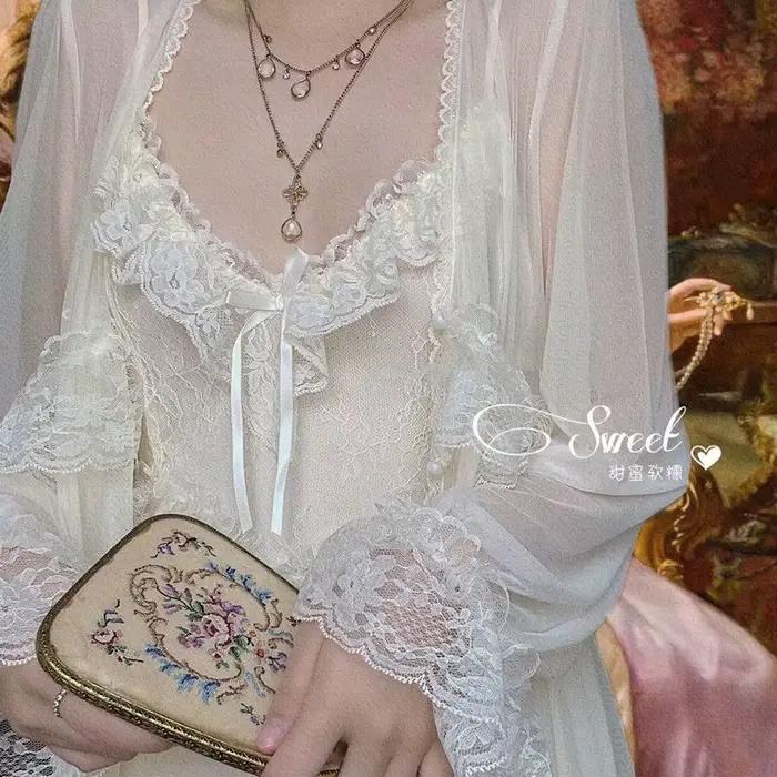 Chemise de nuit vintage en dentelle, style français, rétro, court, ultra-mince, col en V, super nickel é, tenue de salon, maison, été