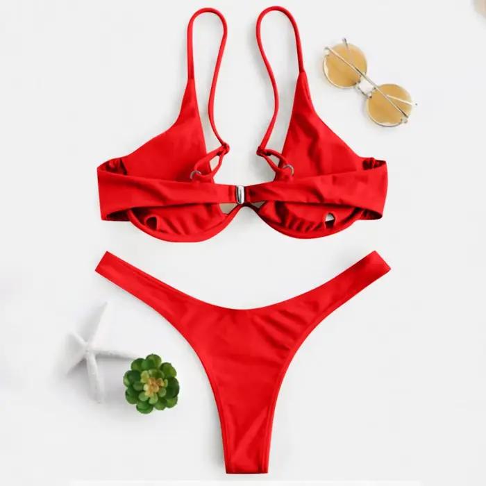 Sexy à armatures Bikini 2024 Mujer femmes solide rouge Push Up soutien-gorge string maillot de bain licou col en V maillot de bain Mini Micro string maillots de bain