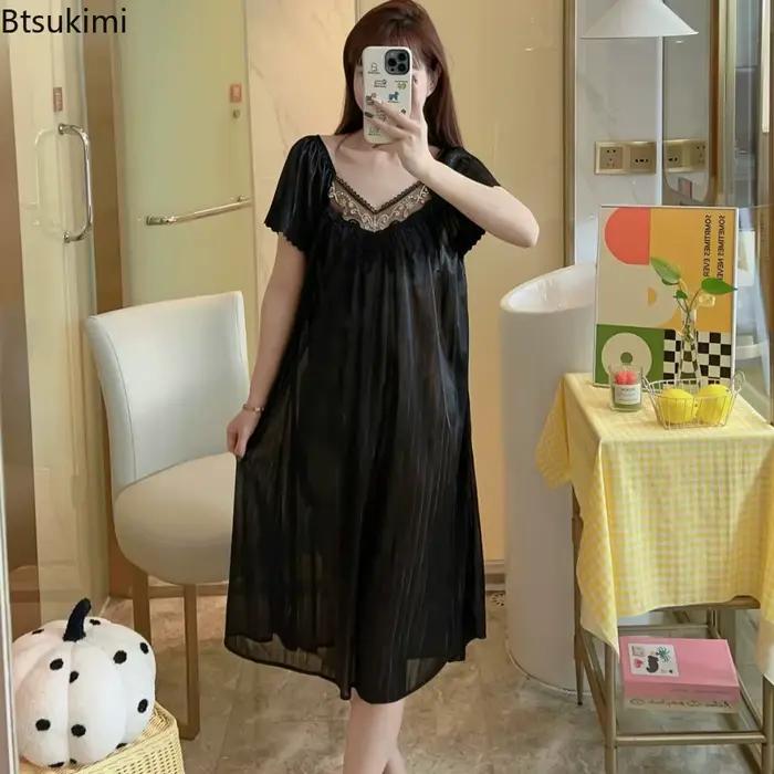 Chemises de nuit en soie glacée pour femmes robe de nuit longueur moyenne manches courtes vêtements de nuit sexy vêtements de maison pyjama pour dames occasions spéciales