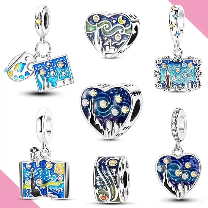 Breloques nuit étoilée de Van Gogh, perles bleues en argent 925, adaptées au Bracelet Original, bijoux à faire soi-même pour femmes