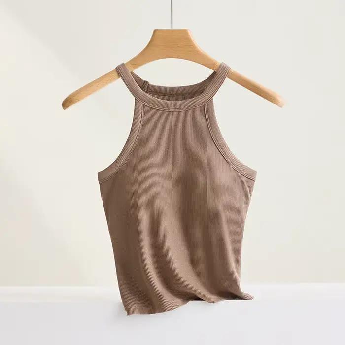 Haut Camisole à col licou fileté avec soutien-gorge intégré, haute élasticité, écharpe ajustée, bonnet fixe, sous-vêtements respirants pour femmes