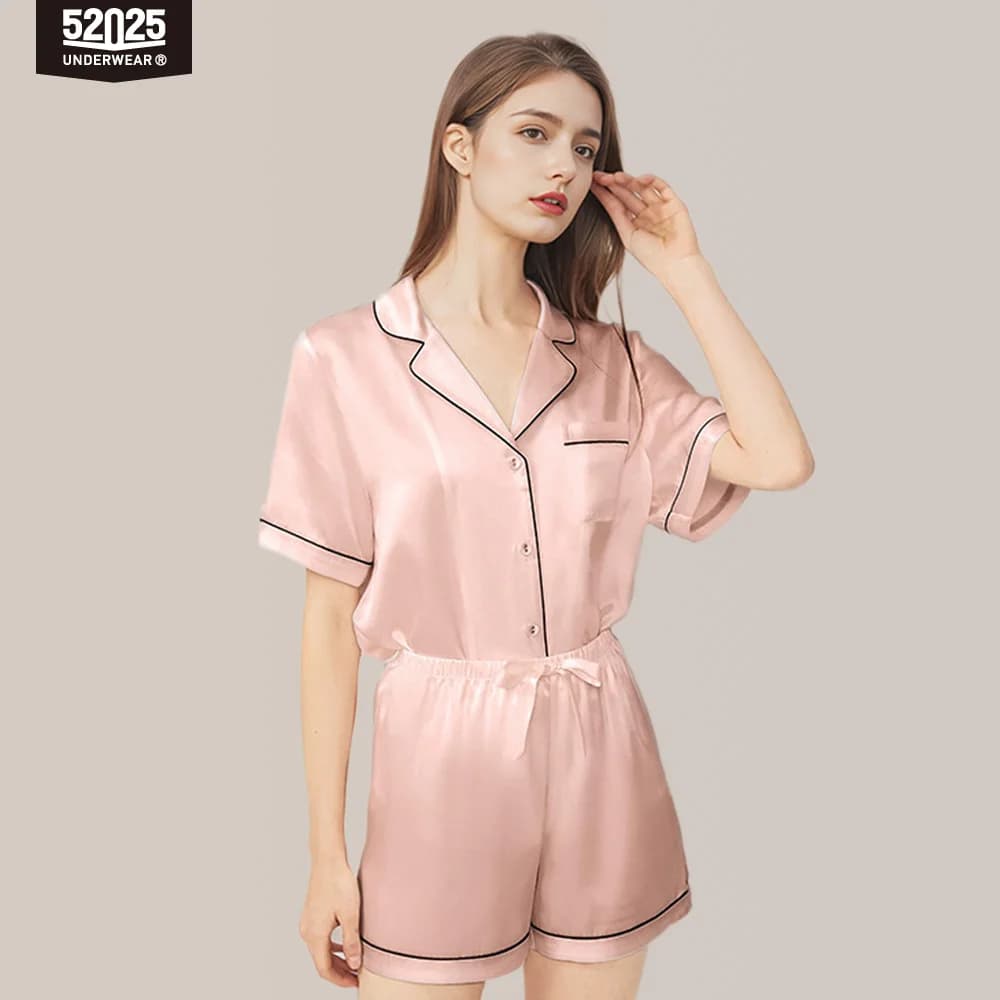 Ensemble de pyjama en soie pour femme 52025 – 100 % soie de mûrier, manches courtes et short, confor