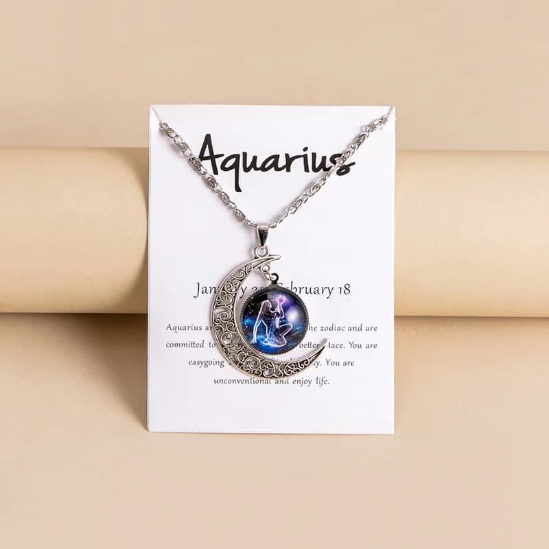 Colliers Vintage avec pendentif en forme de lune, 12 signes du zodiaque, étoile de galaxie, en verre