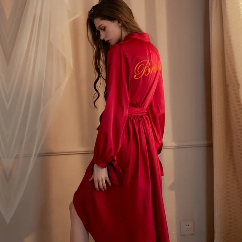 Dame à manches longues Robe chemise de nuit Sexy vêtements de détente mariée Kimono peignoir Robe co