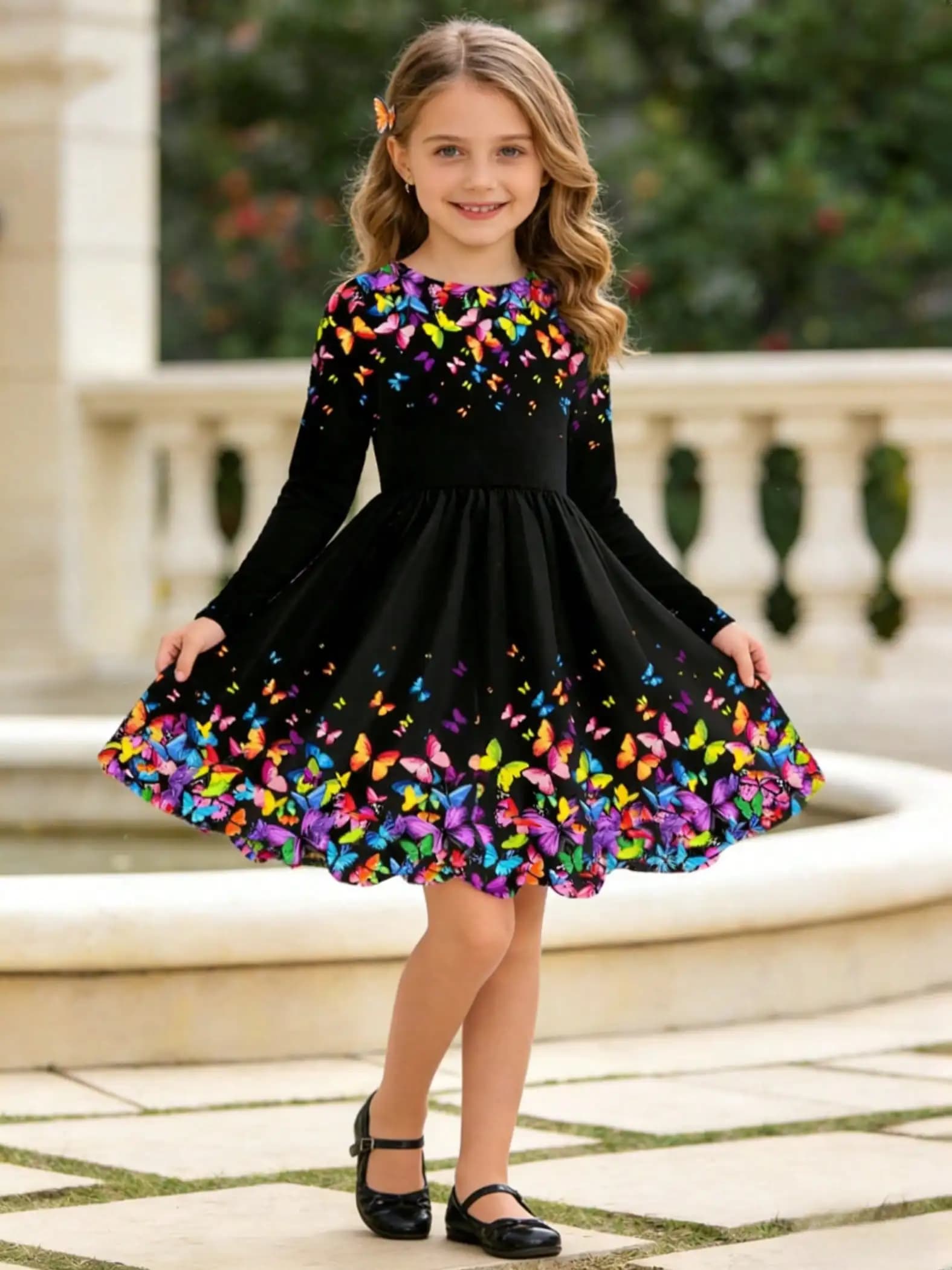 Robe noire à manches longues pour fille, motif papillon, col rond, robe décontractée à la mode pour