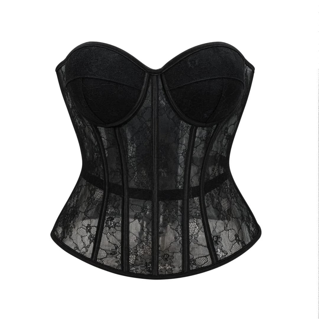 Corset Bustier Push-Up Transparent en Dentelle Florale Noire avec Baleines pour Femme - Sculpteur Co