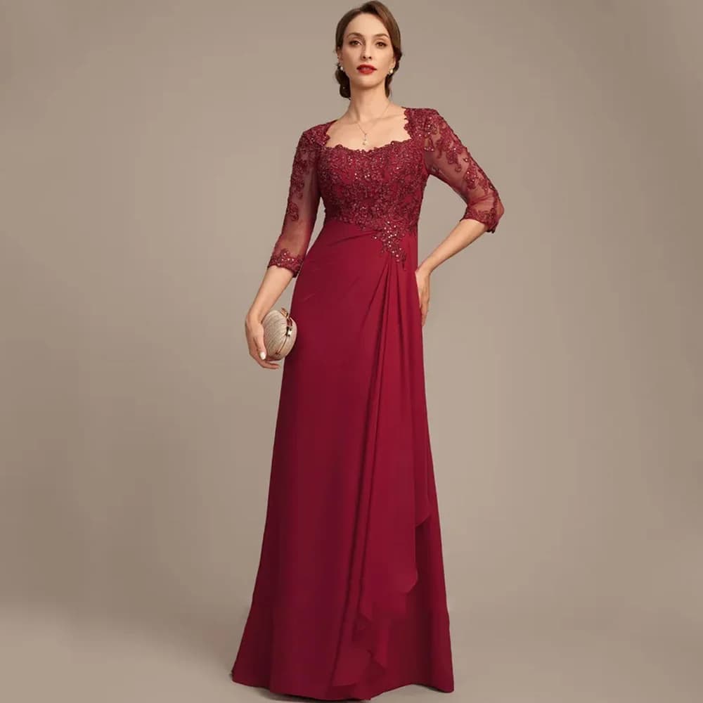 Robes de mariée pour mère de la mariée en bordeaux, manches 3/4, robes de soirée pour femmes, été, n