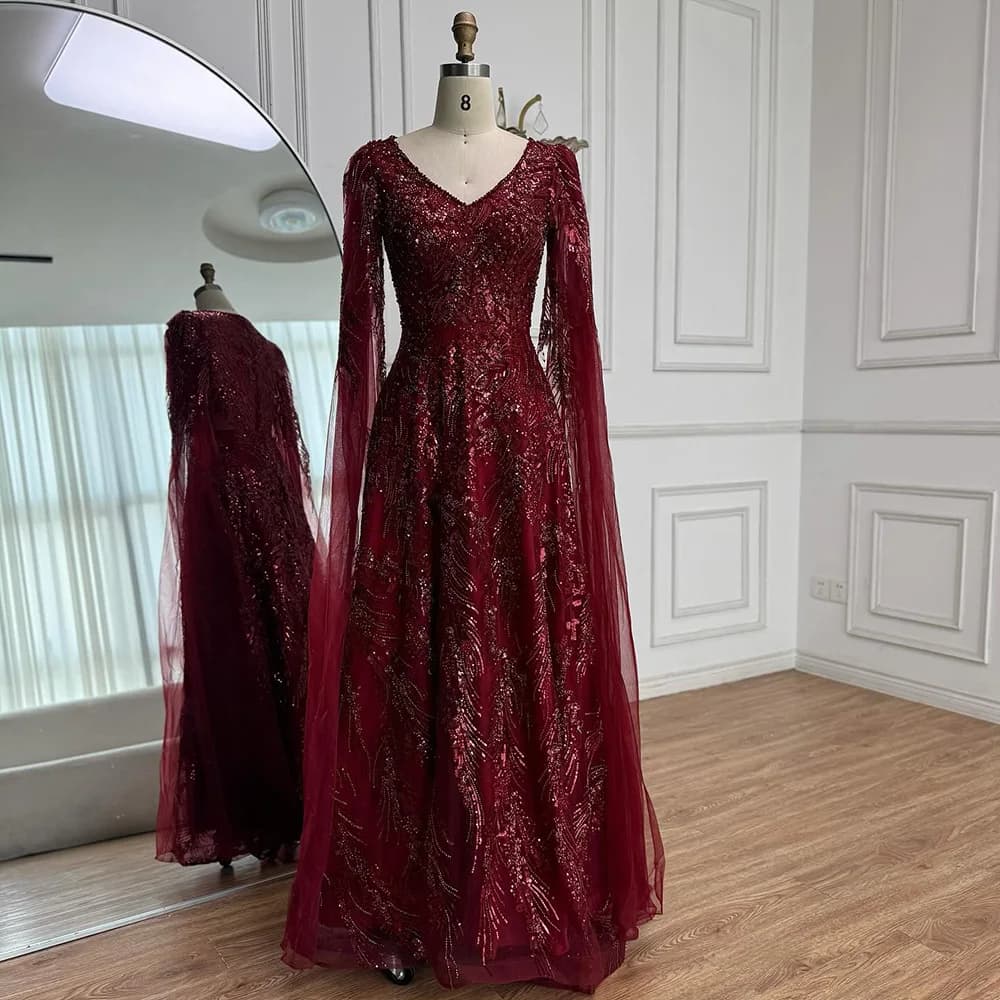 Vin rouge une ligne robe de soirée perlée avec manches Cape pour les femmes Occasion formelle robe d