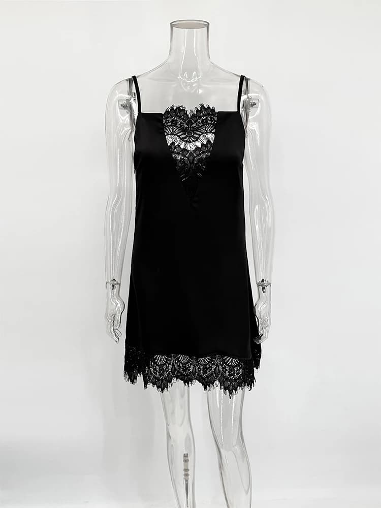Robe Courte Noire en Dentelle pour Femme, Sexy, Évidée, Sans Manches, Volants, Ample, Élégante, Dos