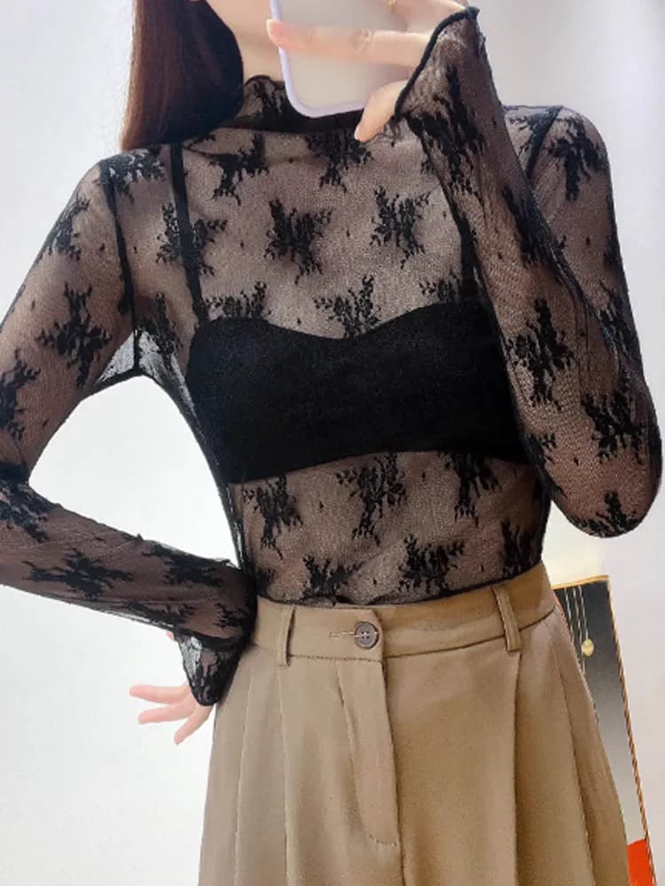 Haut intérieur en dentelle à col haut pour femmes, nouveau style d'automne et d'hiver, chemise en ma