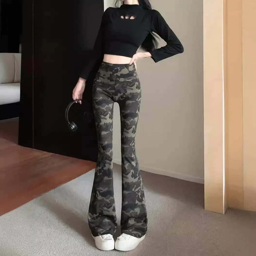 Pantalon de yoga camouflage tendance à pattes d'éléphant pour femme, fin et léger, idéal pour l'été,
