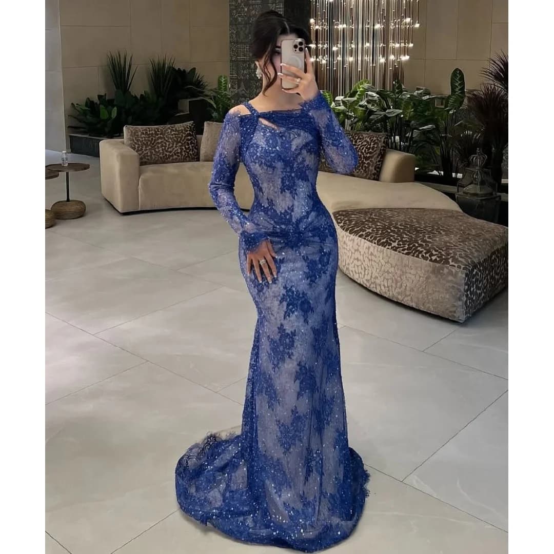 Robe de soirée sirène bleue en dentelle et paillettes pour femme, tenue de bal arabe exquise, manche