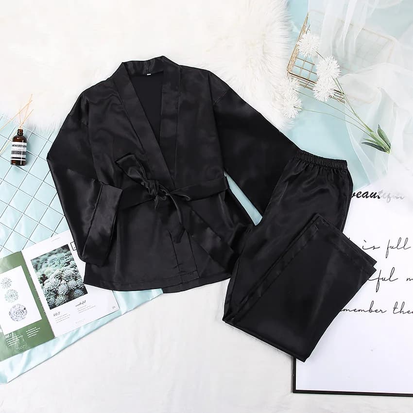 Ensemble pyjama assorti avec ceinture pour femmes, pièces de remorquage en Satin, doux et ample, déc