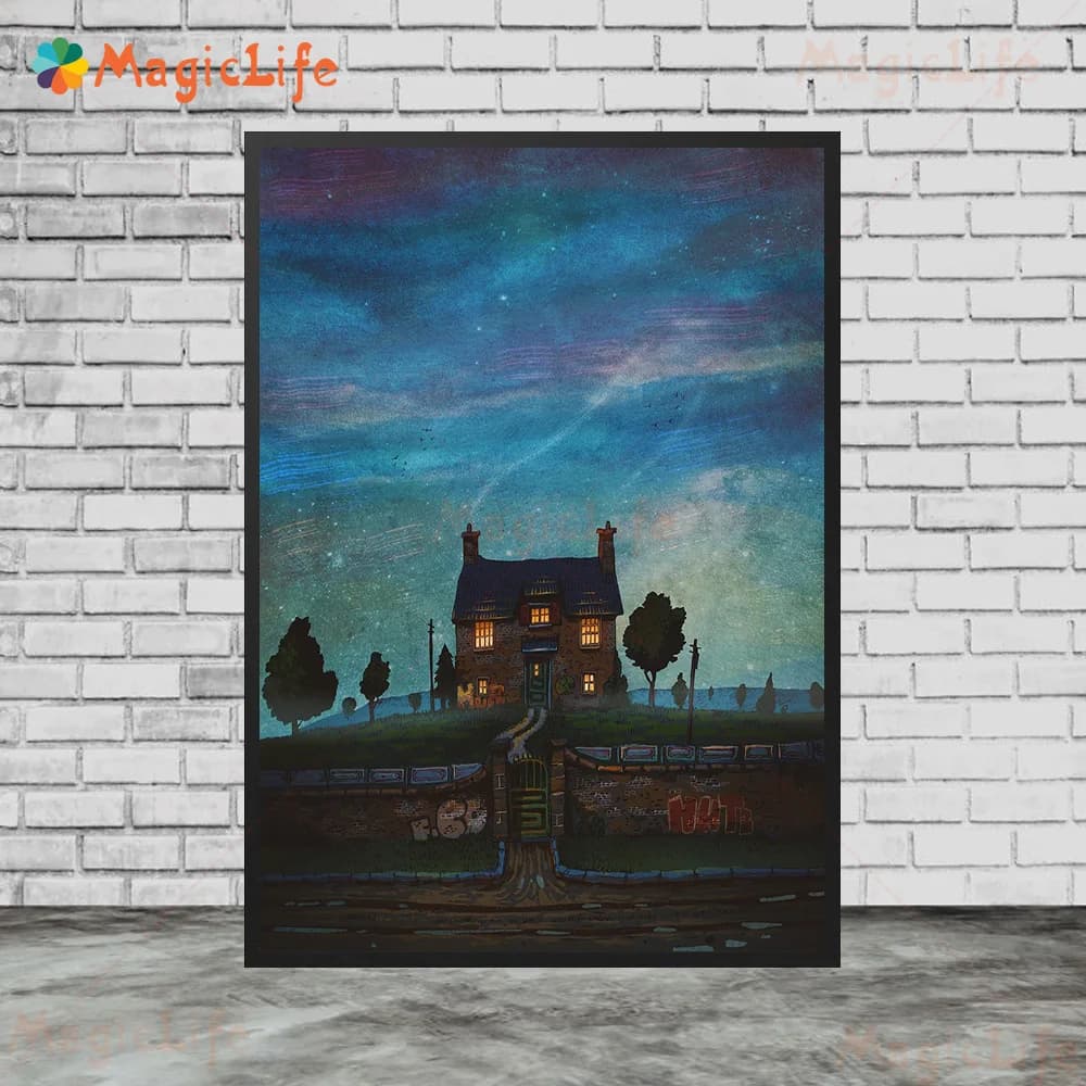 Affiches de lune de maison de paysage de nuit étoilée de dessin animé, images murales pour salon, af