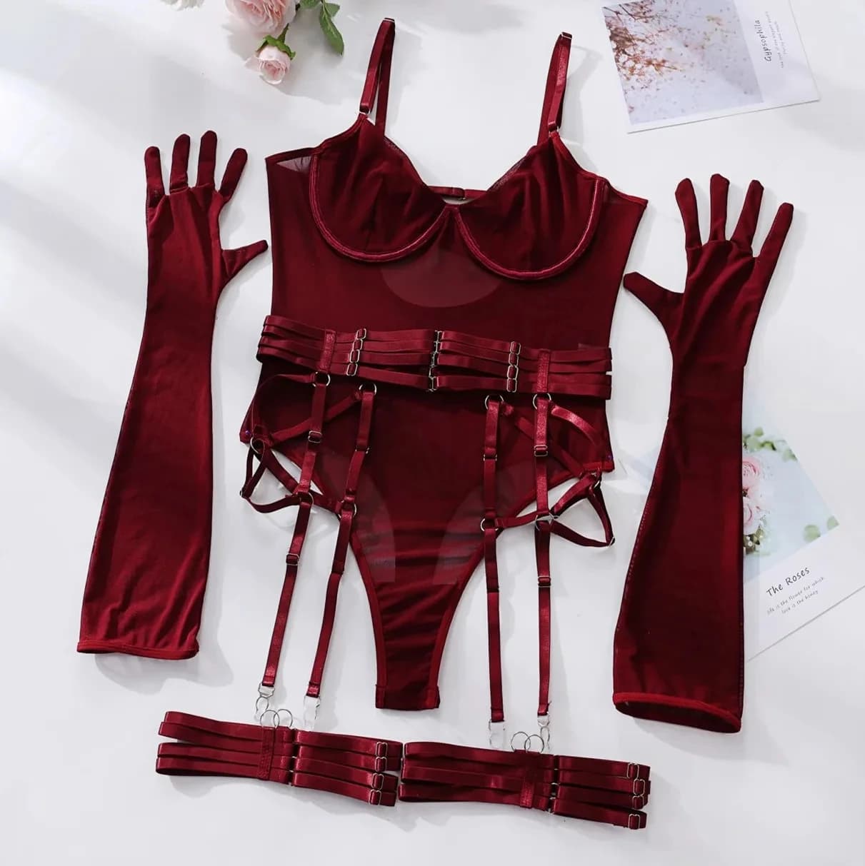 Ellolace Body moulant en dentelle Sexy transparent corps érotique avec gants jarretière tenue de boî