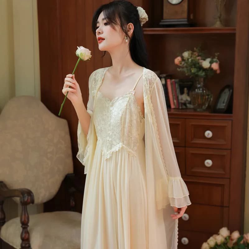 Chemise de nuit Vintage en dentelle féerique avec Robe, ensemble 2 pièces, vêtements de nuit princes
