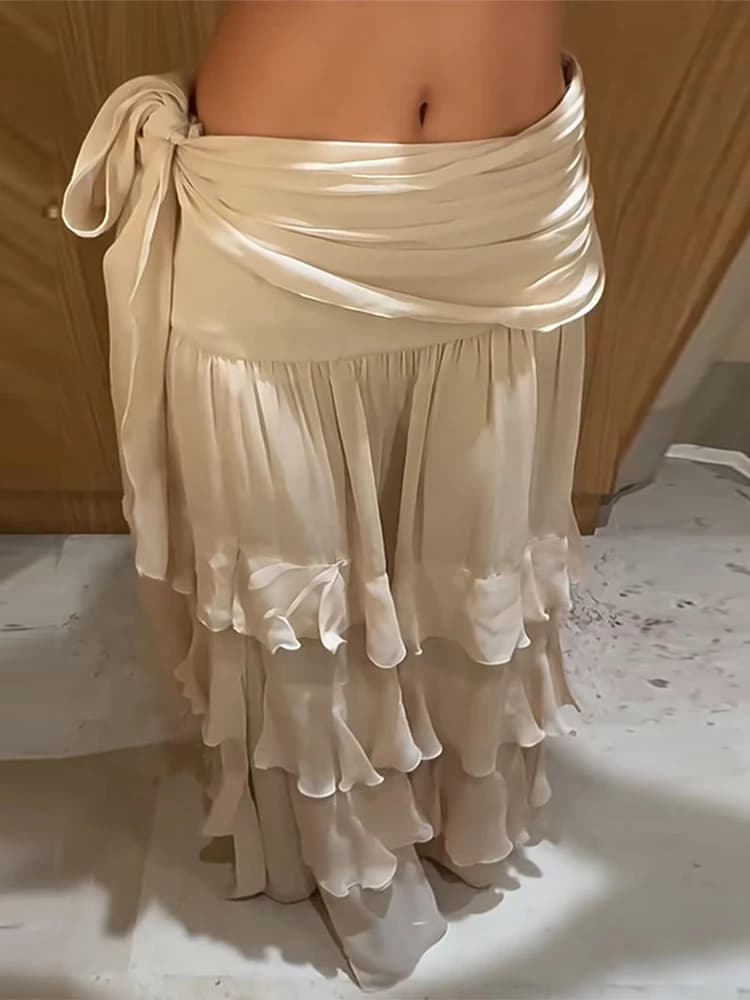 Jupe longue plissée pour femme, style français, à lacets, avec volants en cascade, taille mi-haute,