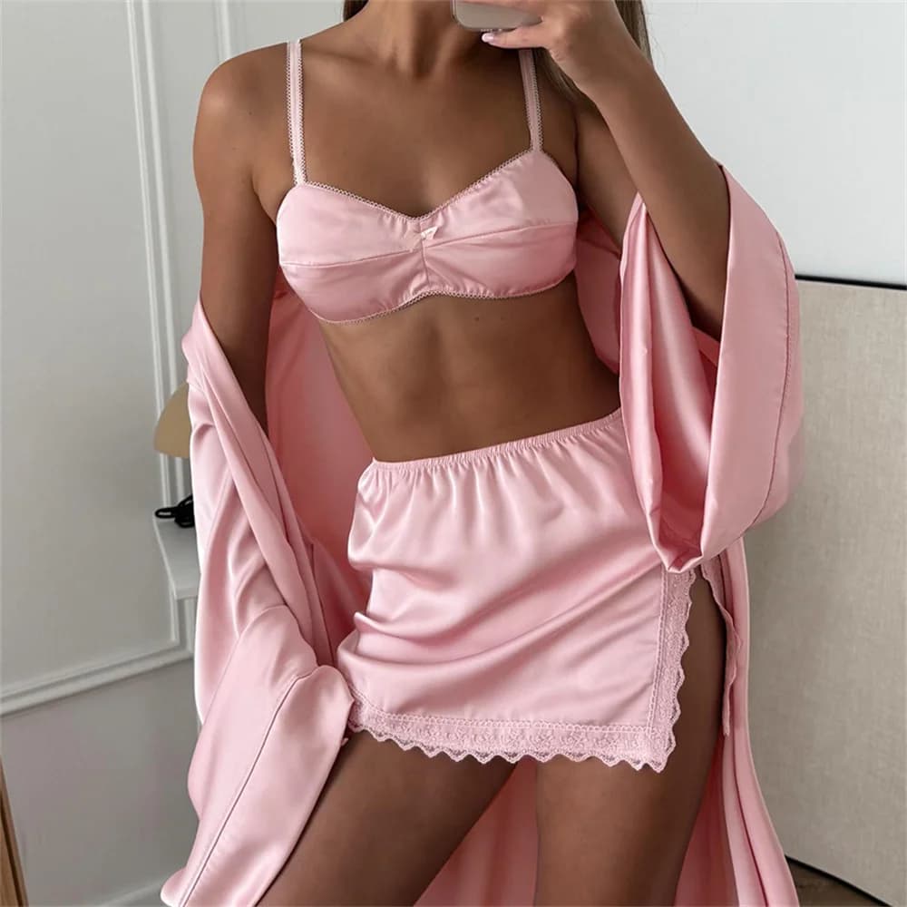 Ensemble de pyjama 3 pièces en satin rose élégant pour femme, avec jupe taille haute en dentelle sex