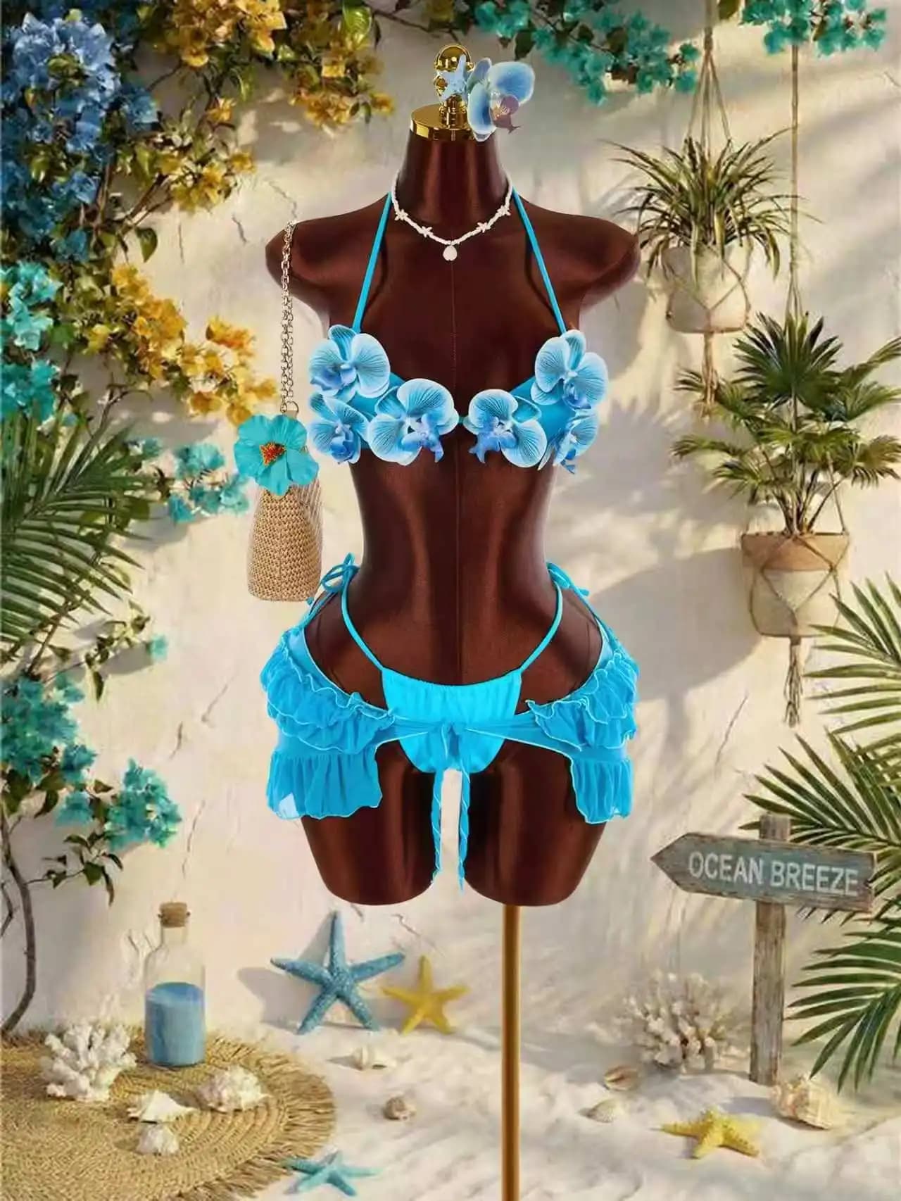 Ensemble de bikinis vintage bleu à fleurs 3D pour femmes, maillot de bain 3 pièces avec jupe en mail