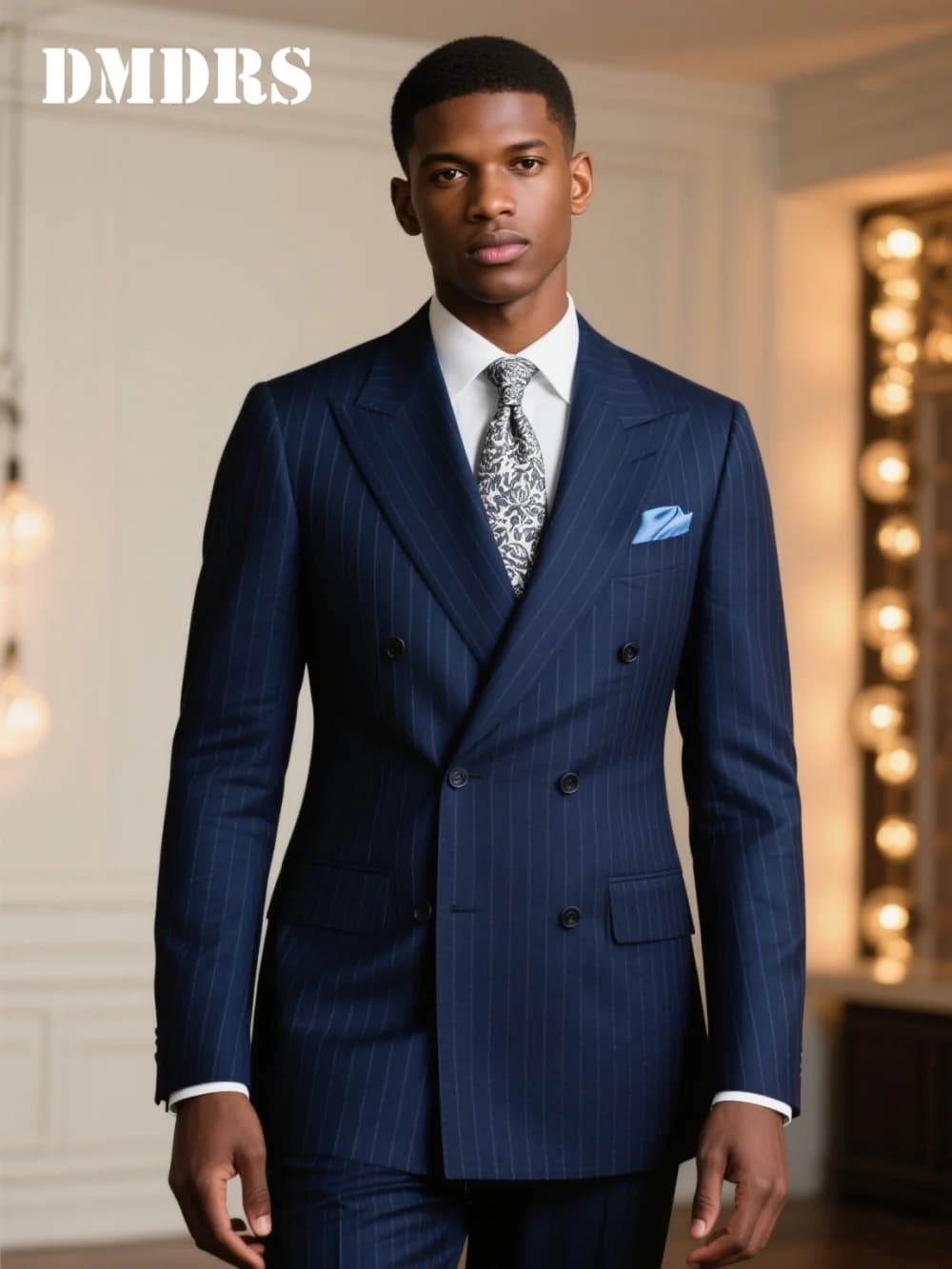 Costume Double boutonnage à fines rayures bleu marine pour hommes, ensemble de costume de marié form