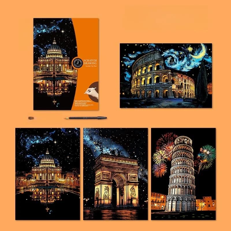 Kit de 4 tableaux à gratter laser A3, motifs paysages nocturnes urbains colorés, avec outils, art de