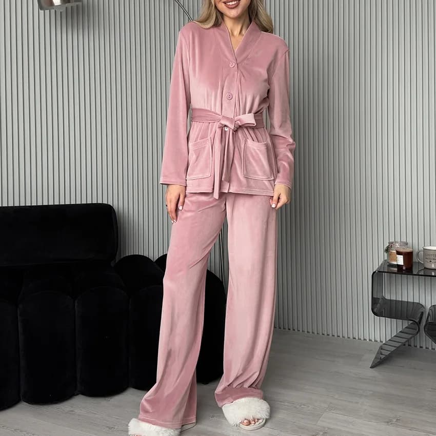 Pyjama Cardigan tricoté en velours, manches longues, pantalon Long, ensemble deux pièces, vêtements