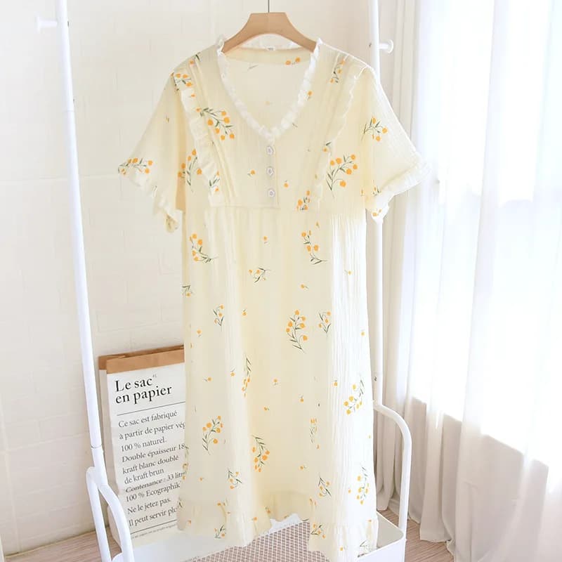 Robe de nuit d'été 2026 pour femme, 100% coton gaze crêpe, jupe fine à manches courtes, style cardig