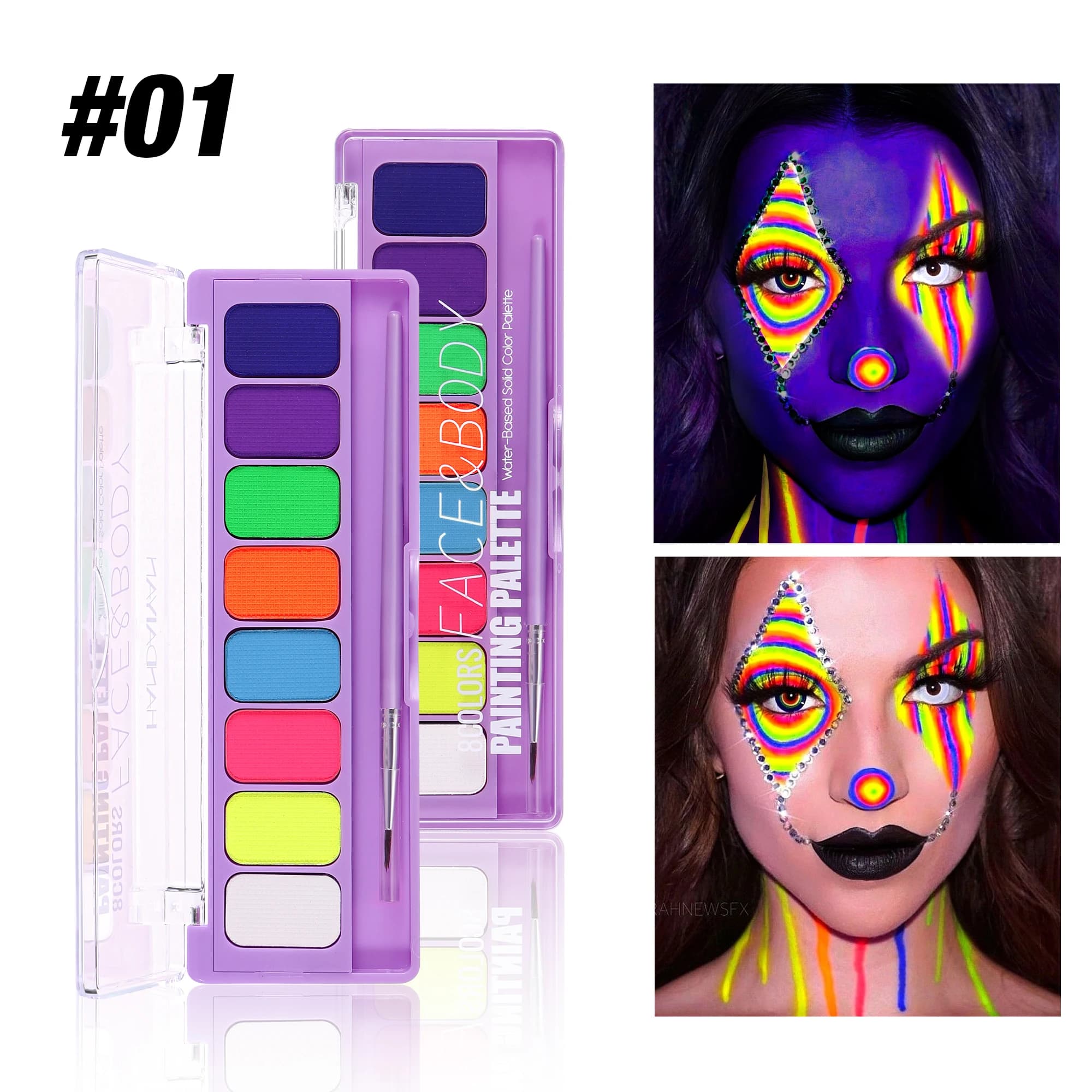 Palette de peinture pour le visage et le corps, 8 couleurs, Soluble dans l'eau, fluorescente, UV, ma