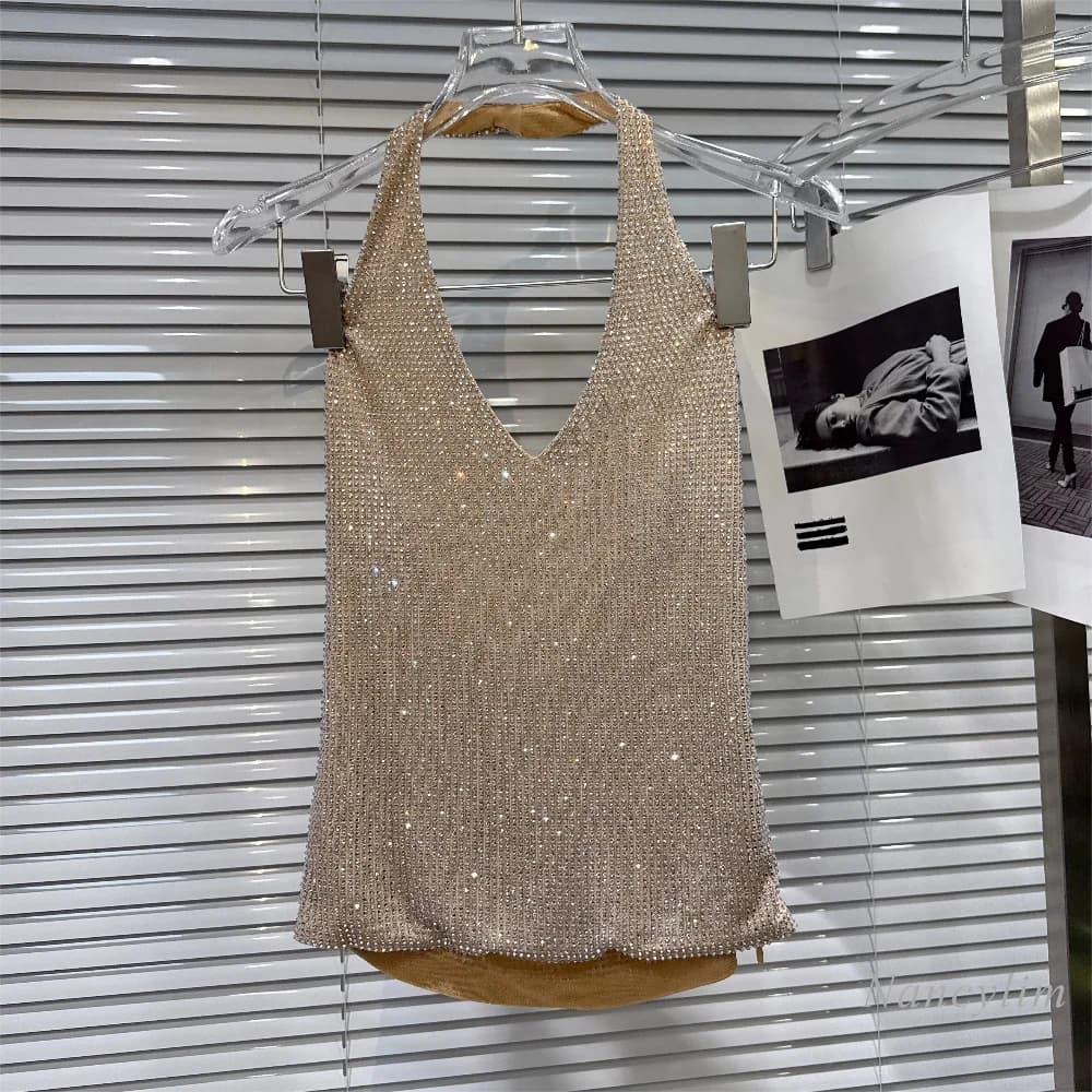 Nouveautés Été 2026 : Top Camisole Halter pour Femme, Col en V, Ornements Strass, Détails Raffinés,