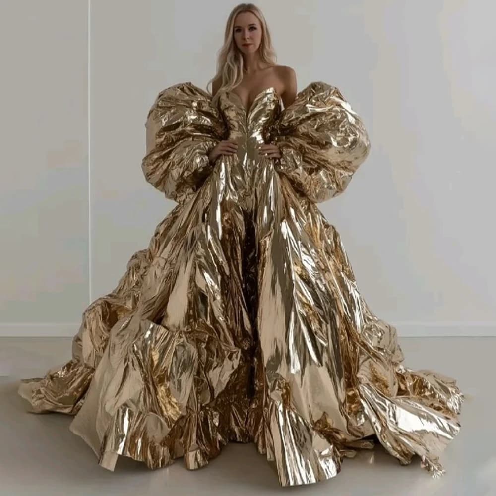 Robe de soirée dorée scintillante, épaules dénudées, col en cœur, manches bouffantes, pour mariage,