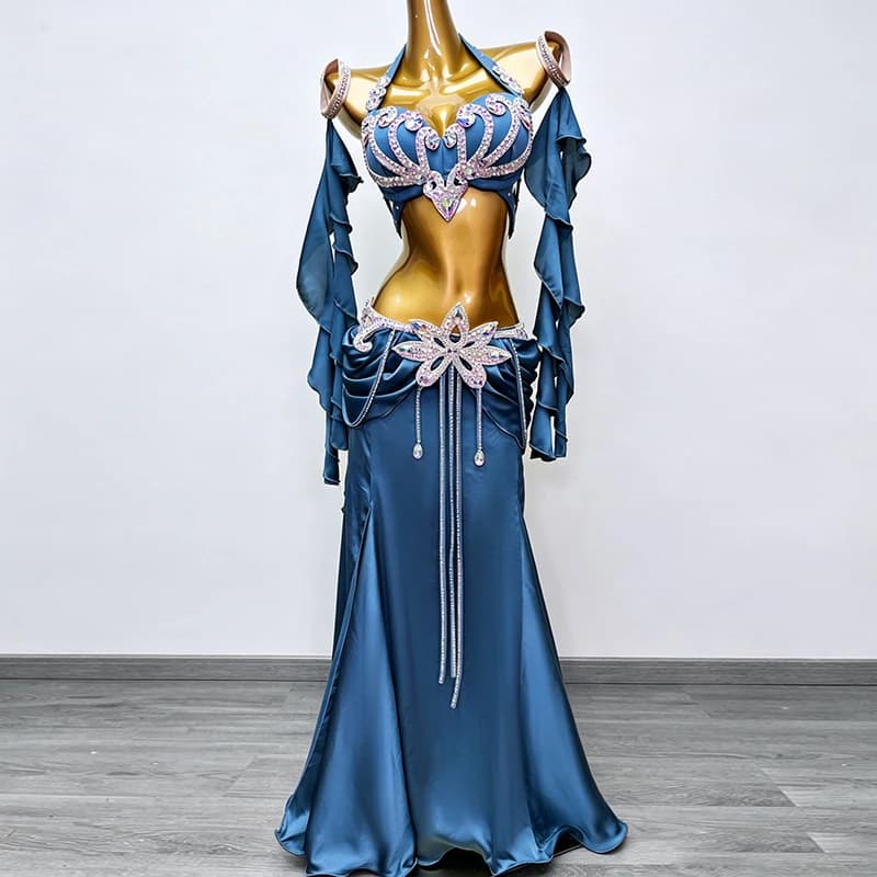 Costume de danse orientale pour femmes, soutien-gorge orné de pierres AB + jupe longue fendue en sat