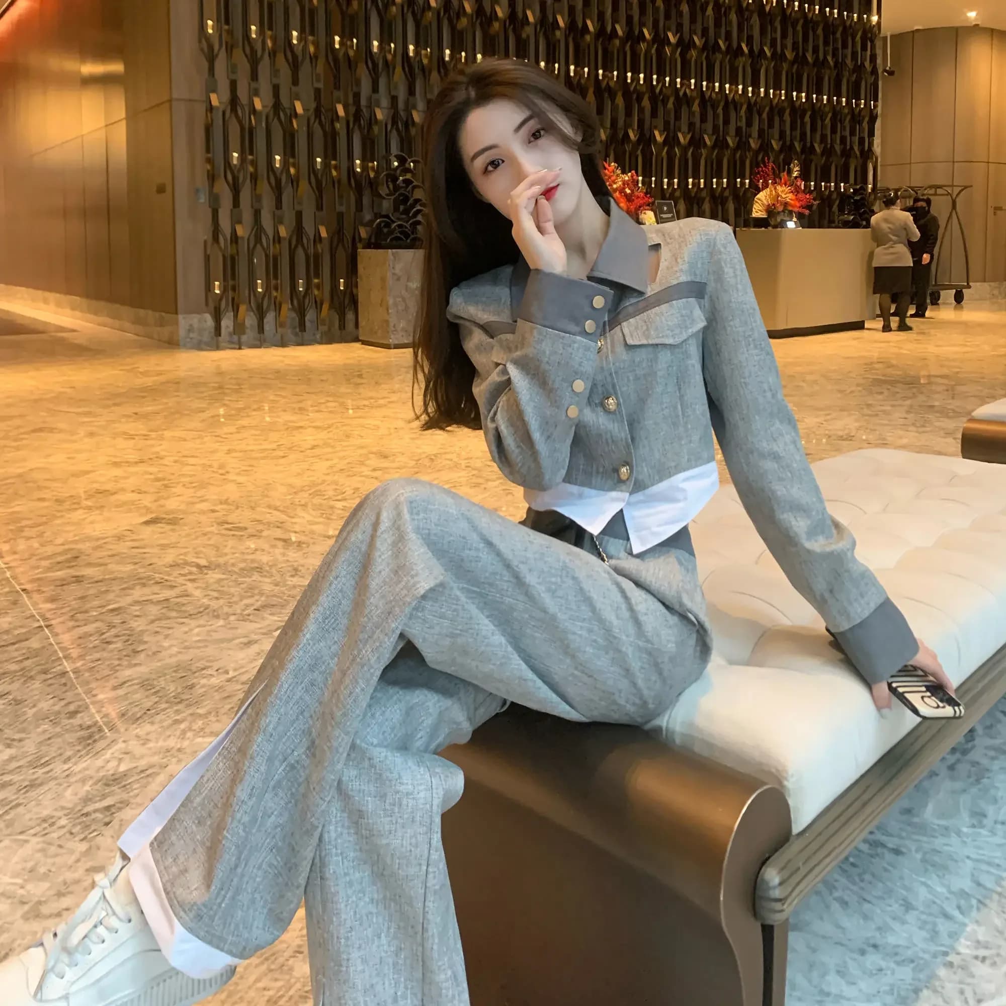 FjWoman-Ensemble haut et pantalon gris pour femme, tenue de bureau professionnelle, style coréen, lu