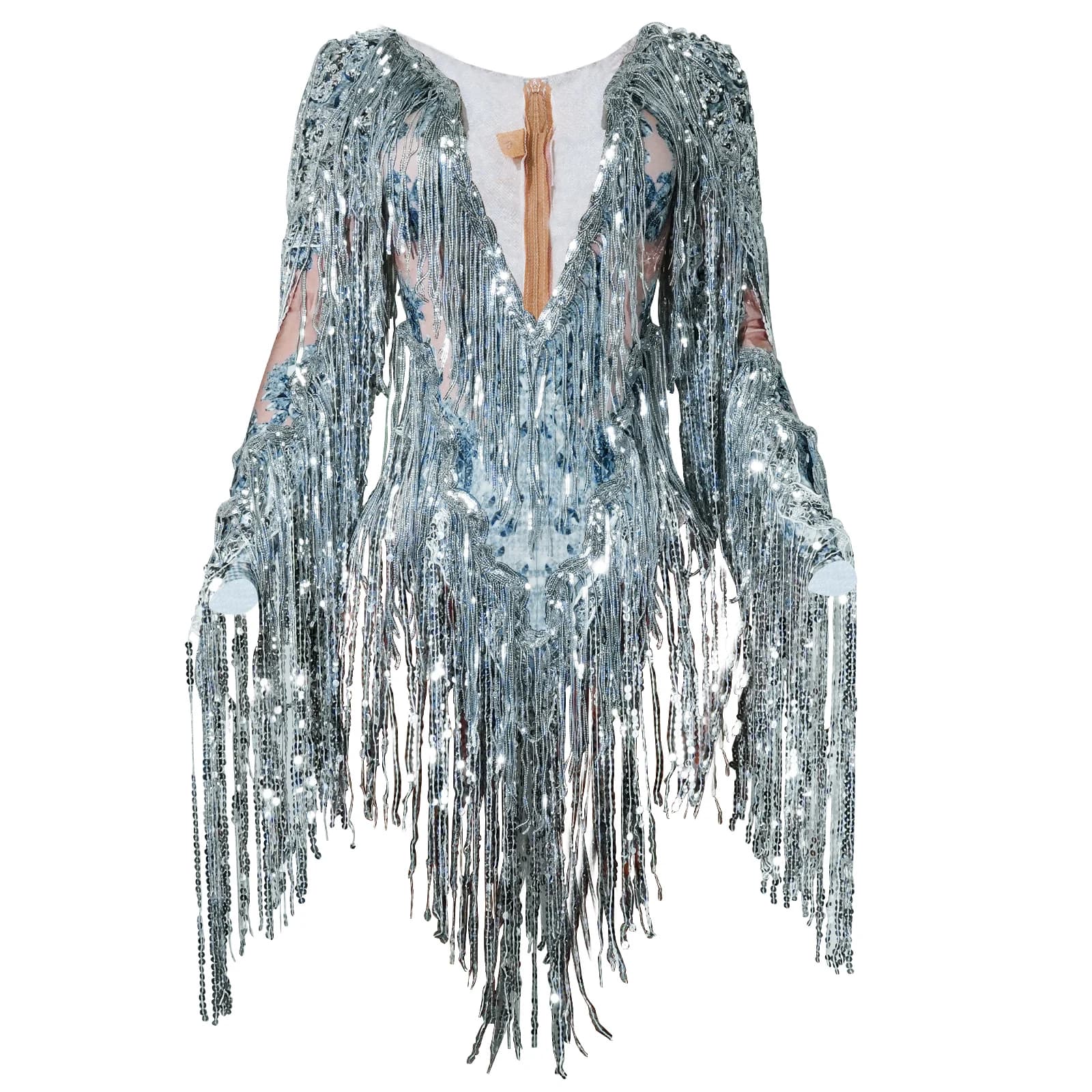 Justaucorps à franges argentées, costume de scène, sexy, pailleté, à manches longues, pour soirée en