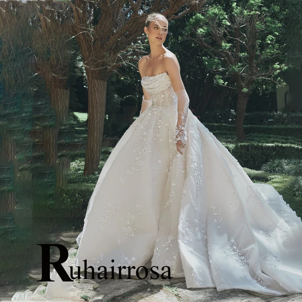 Ruhair – robe de mariée charmante sans bretelles, Corset plissé, avec des Appliques en dentelle, san