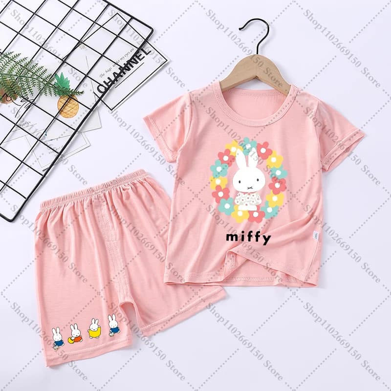 Ensemble de pyjama mignon pour fille avec motif de lapin de dessin animé Miffy, pyjama imprimé anime