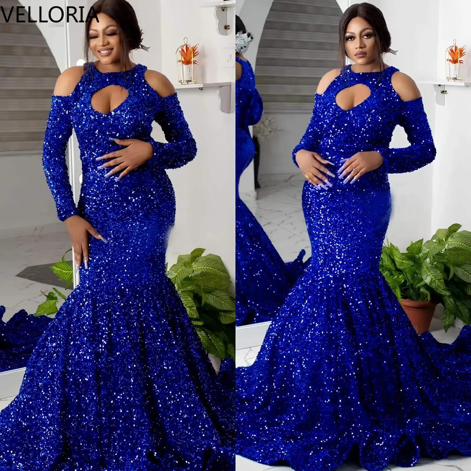 Robe de soirée sirène à paillettes bleues, corps complet perlé, manches longues, robe de bal de luxe