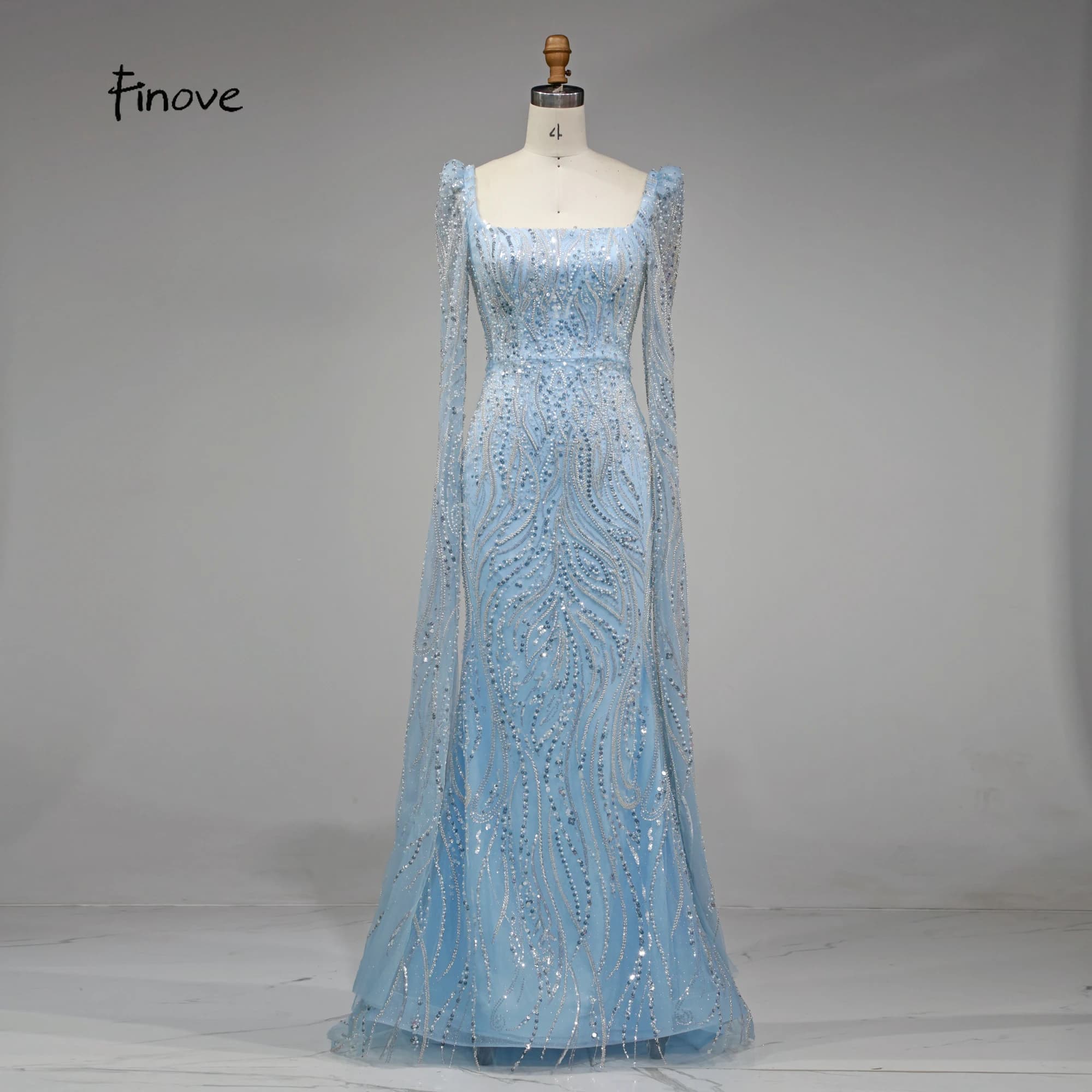 Robe de soirée sirène bleue, motif abstrait, col carré, exquise, longueur au sol, manches longues, p