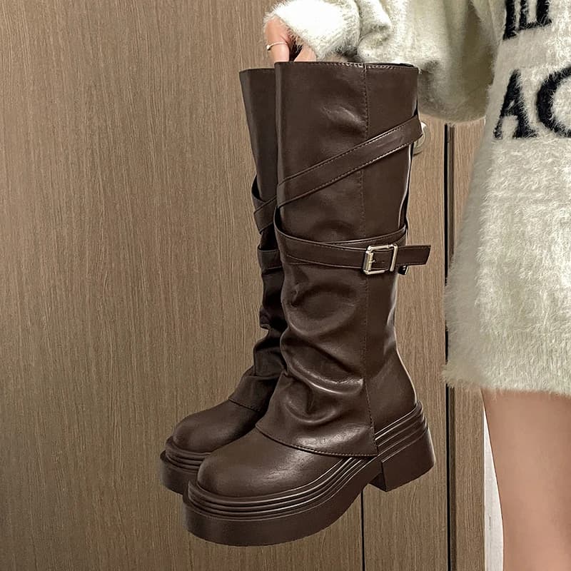 Vintage talon épais femmes chevalier bottes longues mode sans lacet genou chaussons hauts automne hi