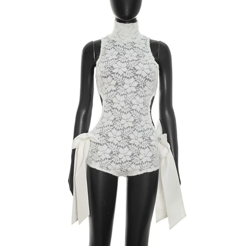 Combinaison moulante sexy à col roulé en dentelle pour femme, style Y2K, évidée, sans manches, pour