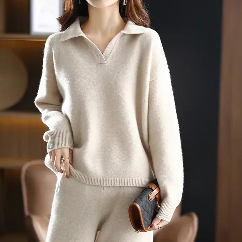 Costume en cachemire pour femme, pull ample à revers, tempérament décontracté, pantalon à jambes lar